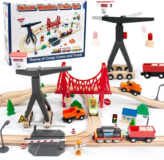 WOOD CITY Wooden Train Set, 56-Piece Deluxe Kids Toy Train Set for 2 3 4 5 Year Old Boy, Cargo-Themed Train Track with Tower Crane & Suspension Bridge - Fits Thomas Brio Chuggington Melissa Orbrium