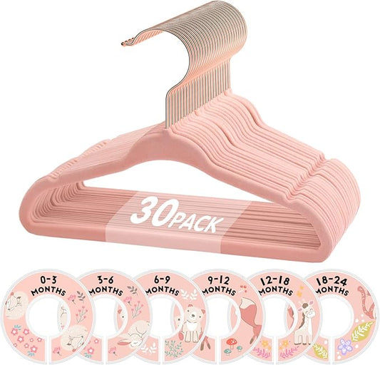 Baby Hangers, VIS'V 11 Inch Pink Velvet Kids Hangers with 6 Pcs Size Dividers Non Slip Nursery Children Closet Clothes Hangers for Infant Toddler Girls and Boys 30 Pcs
