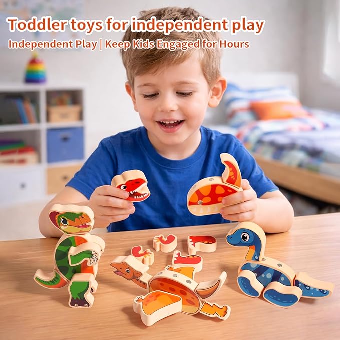 INIFEIDALA Wooden Magnetic Take Apart Dinosaur Building Blocks, Build Your Own Dinosaur Playset, STEM Montessori Educational Toy for Fine Motor Skills, Birthday Gift for 3-6 Year Old Boys Girls