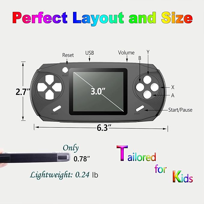 16 Bit Handheld Games for Kids Adults 3.0'' Large Screen Preloaded 100 HD Classic Retro Video Games USB Rechargeable Seniors Electronic Game Player Birthday Xmas Present (Black)