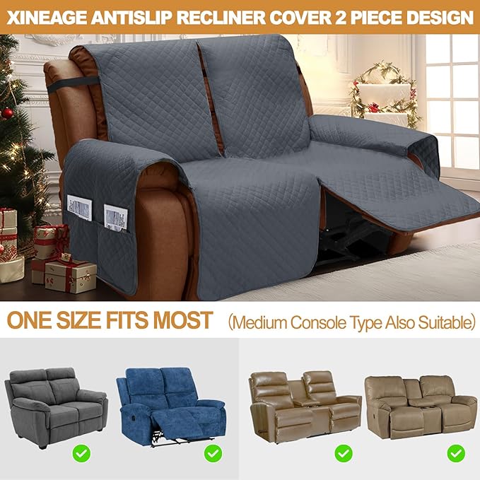 XINEAGE Water Resistant Recliner Cover, 2 seat Recliner Loveseat Covers with Pockets, Quilted Thick Recliner Protector Cover for Dog Pets with Non Slip Backing and Strap(Recliner Loveseat, Dark Gray)