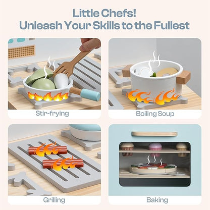 ROBUD Wooden Kids Oven, Realistic Wooden Play Kitchen Set, Pretend Play Kitchen Accessories Toy Kitchen Set for Kids with Cupcakes, Pizza, Tray – Best Gift for Boys & Girls