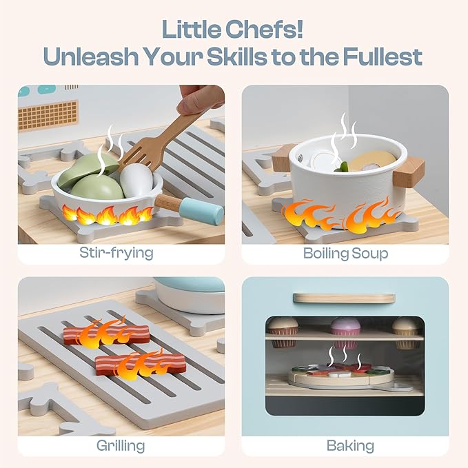 ROBUD Wooden Kids Oven, Realistic Wooden Play Kitchen Set, Pretend Play Kitchen Accessories Toy Kitchen Set for Kids with Cupcakes, Pizza, Tray – Best Gift for Boys & Girls