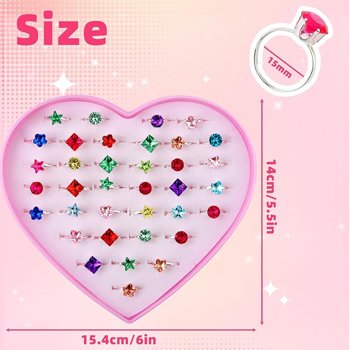 Little Girl Jewel Rings, Adjustable Pink Rings Girls Kids Pretend Play and Dress up Jewelry Set, Cute Rings with Display Case Party Favors Toys Gifts