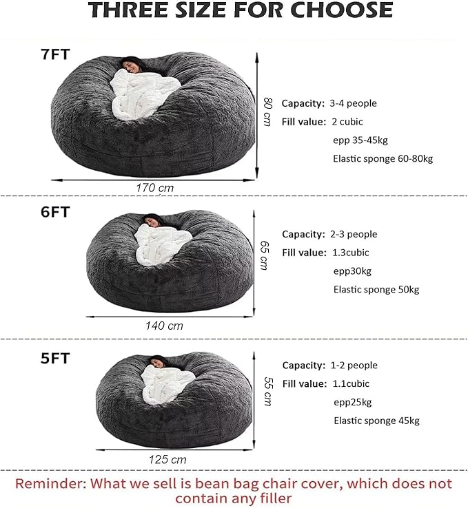 BCU 6FT Bean Bag Chair for Adults and Kids Without Filler Giant Stuffed Animal Storage Cover Soft Faux Fur Floor Chair Cover for Bedroom Living Room, Khaki