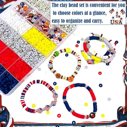 MIIIM Sports Clay Beads Kit for Bracelets Making, Football Heishi Beads, 4th of July Beads Clay Charms and Silver Spacers for Jewelry Making, Friendship Bracelet Kit for Crafts, Concert, Raves