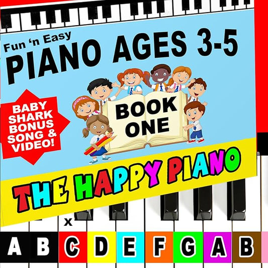 The HAPPY PIANO PRESCHOOLERS Book & Color-Coded Stickers KIT. SO EASY-to-FOLLOW. Kids Toddlers AGES 3-5. Beginner music book, BABY SHARK lesson video, FREE digital bonus, 20K taught since 2006!