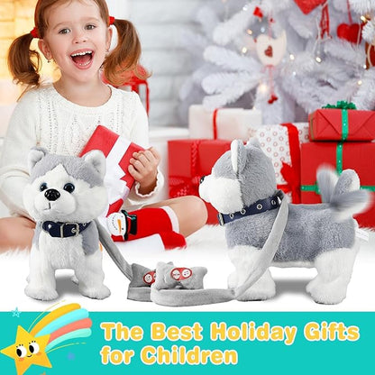 Marsjoy Husky Walking Dog Toy for Girls Barking Puppy with Control Leash, Realistic Wagging Tail Robot Interactive Musical Dancing Animated Plush Stuffed Animal Electronic Pet for Kids Toddlers