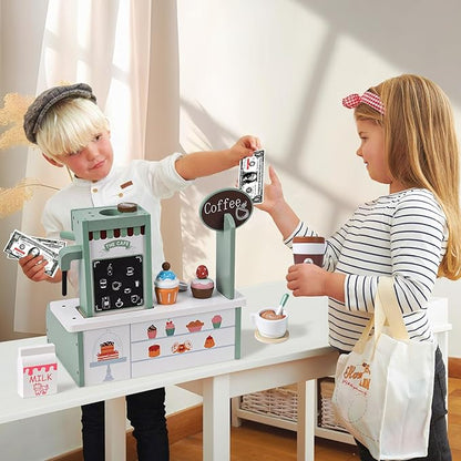 Toyssa Wooden Coffee Maker Playset for Kids 3 4 5, Pretend Play Food Toys for Toddlers with Dessert & Menu, Wooden Toys Play Kitchen Accessories Christmas Birthday Gift for Kids Girls Boys 3 4 5 6