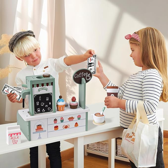 Toyssa Wooden Coffee Maker Playset for Kids 3 4 5, Pretend Play Food Toys for Toddlers with Dessert & Menu, Wooden Toys Play Kitchen Accessories Christmas Birthday Gift for Kids Girls Boys 3 4 5 6