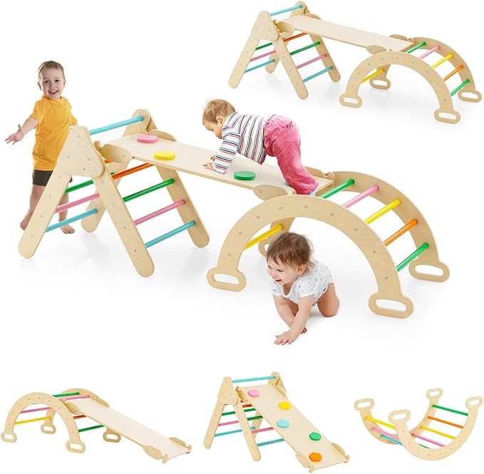 GLACER 5-in-1 Triangular Set of 3, Baby Climbing Toys w/Triangular Climber Arch Ramp Rocker, Indoor Outdoor Playground Wood Climbing Set, Early-Learning Montessori Toys (Colorful)