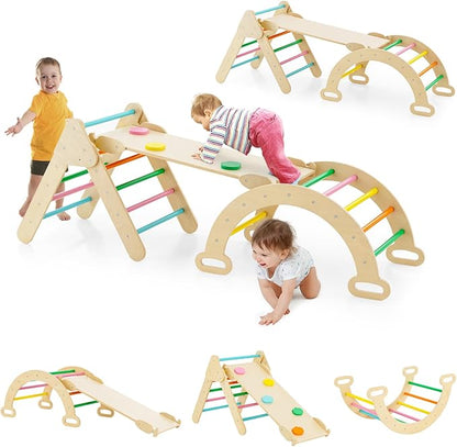 GLACER 5-in-1 Triangular Set of 3, Baby Climbing Toys w/Triangular Climber Arch Ramp Rocker, Indoor Outdoor Playground Wood Climbing Set, Early-Learning Montessori Toys (Colorful)