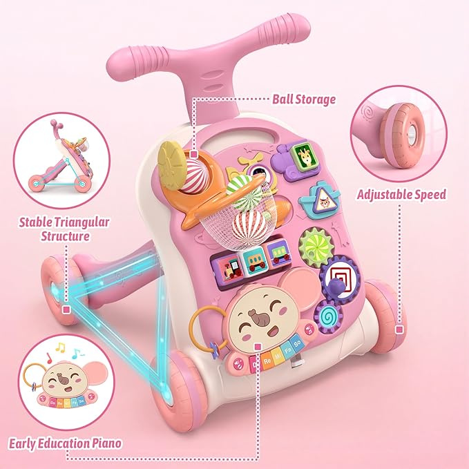QDRAGON 3 in 1 Baby Walker and Activity Center for Girl, Learning to Walk, Sit to Stand, Early Educational Push Toys with Music Panel for Infant Toddler 12+ Months Pink