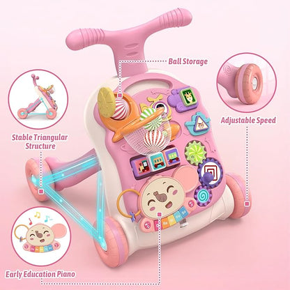 QDRAGON 3 in 1 Baby Walker and Activity Center for Girl, Learning to Walk, Sit to Stand, Early Educational Push Toys with Music Panel for Infant Toddler 12+ Months Pink