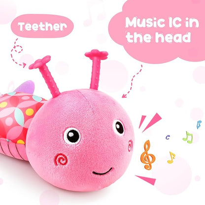 Baby Toys Musical Caterpillar, Infant Stuffed Animal for 0-6 6-12 Months with Crinkle and Rattles, Tummy Time Sensory Toys Newborn Boys Girls Gifts 0 3 6 9 12 Months - Pink