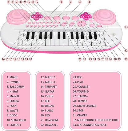 Kids Piano Keyboard Toys, 31-Keys Piano for Toddler Ages 3-5-9, Educational Toys with Microphone, Stool, Portable Multifunction Electronic Musical Instrument, 3+Year Old Girls Birthday Gift Ideas-Pink