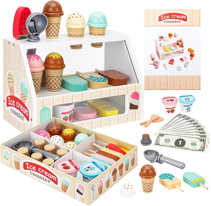 Wooden Ice Cream Toys for Kids Ice Cream Counter Shop for Toddlers Pretend Play Food Scoop and Serve with Scoop & Menu & Fake Money for Boys and Girls Ages 3 4 5 6.