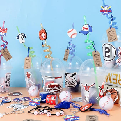 LiYiQ 158 Pcs Baseball Party Favors Baseball Party Supplies With Cup Straw Stress Ball Keychain Sticker Slaps Bracelets Whistle Thank You Tags For Baseball Birthday Decorations (Baseball)