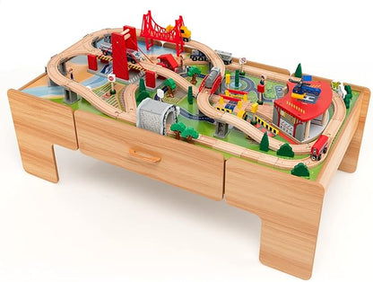 HONEY JOY Train Table, Wooden Kids Activity Table with Storage, 100 Multicolor Pieces, Tracks, Trains, Cars, Toddler Train Table Set with Reversible Tabletop, Gift for Boys Girls Age 3+, Natural