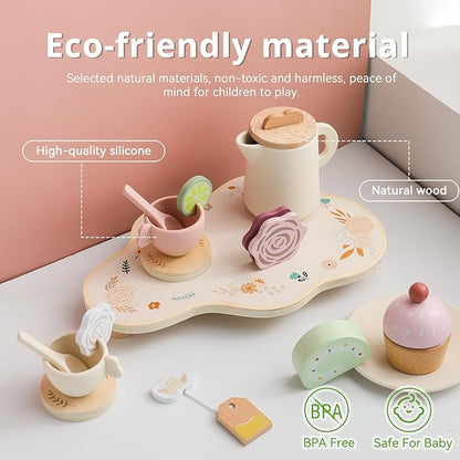 Tea Party Set for Kids - Wooden Tea Set for Little Girls 15PCS Silicone Toddler Tea Set Kitchen Accessories Pretend Play Toy Tea Set for Toddlers - Birthday Gift