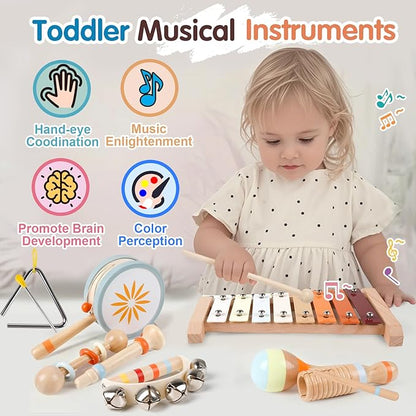 Toddler Musical Instruments-Montessori Wooden Educational Toys for Toddlers 1-3,Baby Musical Instruments,Neutral Color Musical Instruments Set with Xylophone,Maracas,Bell,Birthday Gift for Ages 1 2 3