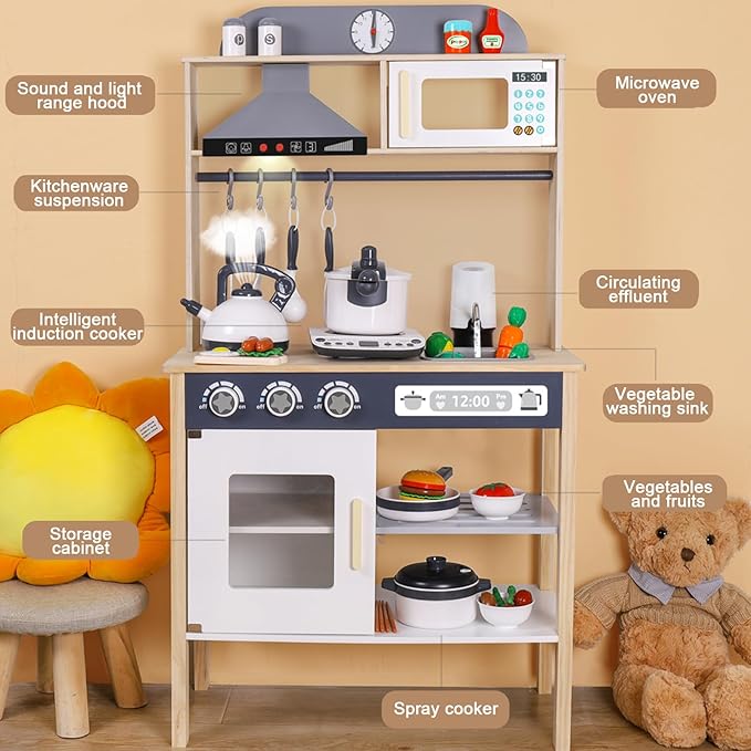 BESTATMTOY Kitchen for Kids, Wooden Kids Play Kitchen Playset Chef Pretend Play Set for Toddlers with Real Lights & Sounds, Toys Kitchen with Toy Food & Cookware Accessories