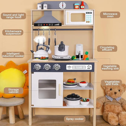 BESTATMTOY Kitchen for Kids, Wooden Kids Play Kitchen Playset Chef Pretend Play Set for Toddlers with Real Lights & Sounds, Toys Kitchen with Toy Food & Cookware Accessories