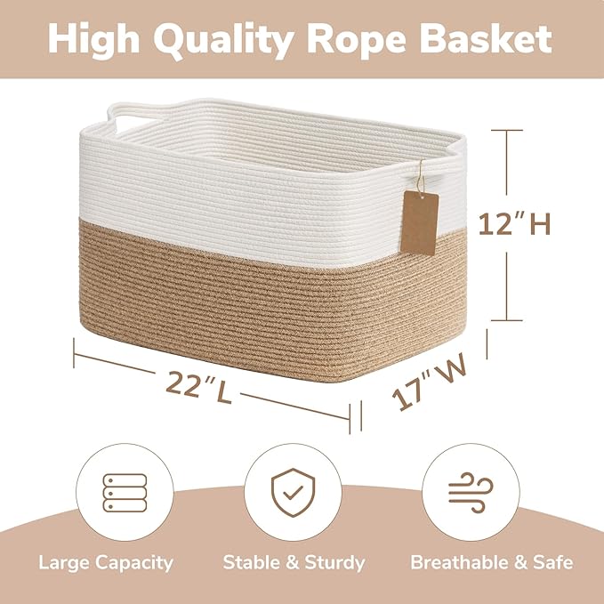 Goodpick Woven Storage Baskets for Organizing 22”x17”x12” Large Blanket Basket for Living Room Bedroom, Dog Toy Basket with Handles, Stylish Gift Baskets Empty for Home Décor