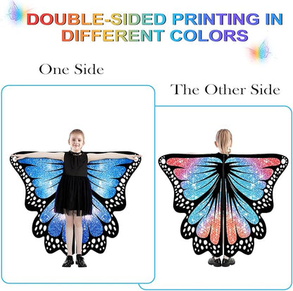 Butterfly Wings For Girls, Double-Sided Fairy Wings, Halloween Costumes for Kids, 3PCS Butterfly Cape Set.
