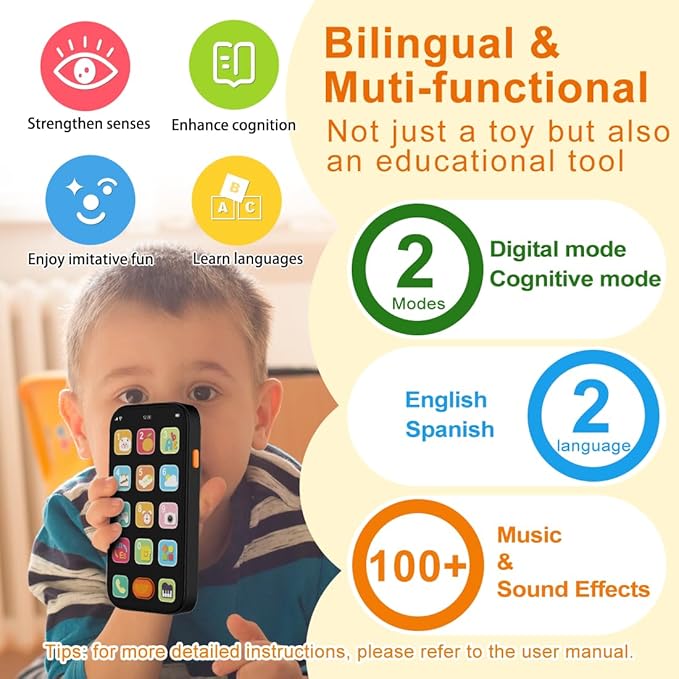 KALUYA Bilingual Baby Phone Toy Phone for Toddler 1-3, Fun Early Learning Musical Baby Toys for 6-12 Months with Sounds and Light, English/Spanish, Gift for 1 Year Old Boys Girls Kids Infant, Black