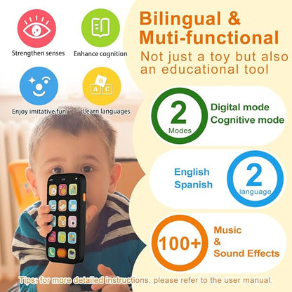 KALUYA Bilingual Baby Phone Toy Phone for Toddler 1-3, Fun Early Learning Musical Baby Toys for 6-12 Months with Sounds and Light, English/Spanish, Gift for 1 Year Old Boys Girls Kids Infant, Black