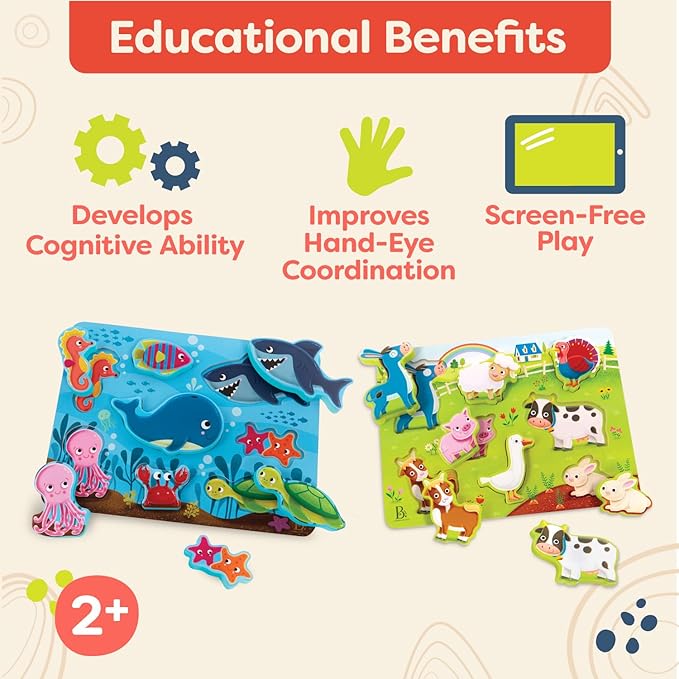 B. toys- Peek & Explore 5-Pack: Bus, Farm, Sea, Space, Dino- Chunky Puzzle 5-Pack – Wooden Puzzles– 8 Pieces Each – 2 Years +