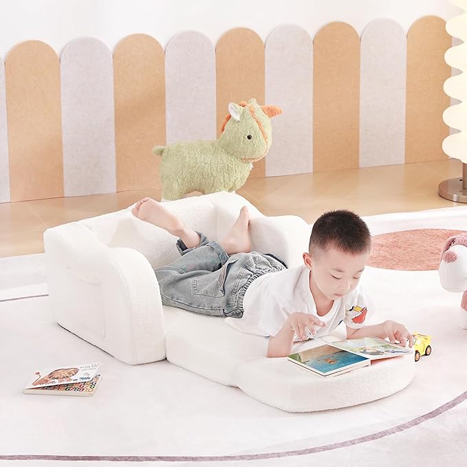 Tiita Kids Chairs for Toddler, 2-in-1 Toddler Soft Sherpa Couch Fold Out, Convertible Sofa to Lounger for Girls and Boys, Beige