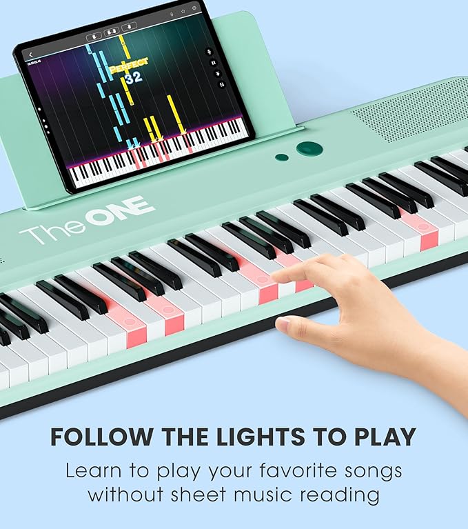 The ONE Smart Keyboard COLOR 61 Lighted Keys Piano Keyboard, MIDI Electric Piano for Beginners with 256 Tones, 64 Polyphony, Built-in LED Lights and Free Apps (Green)