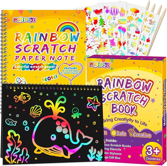 pigipigi Rainbow Scratch Paper for Kids - 2 Pack Large Scratch Off Notebooks Arts Crafts Supplies Kits Drawing Paper Black Magic Sheets Scratch Pad Activity Toy for Girls Boys Christmas Birthday Gift