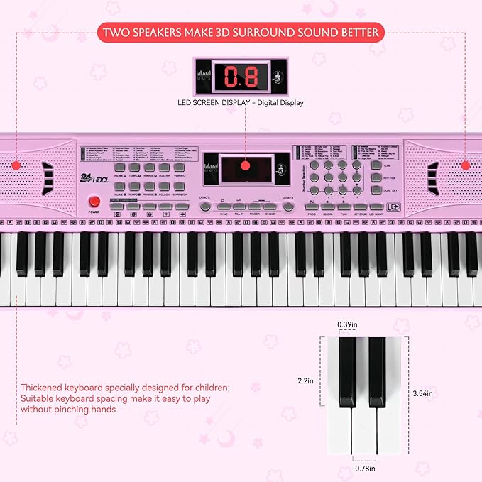 61 Key Keyboard Piano, Digital Kids Piano Keyboard with Stand, Gift for Early Education Children, Pink