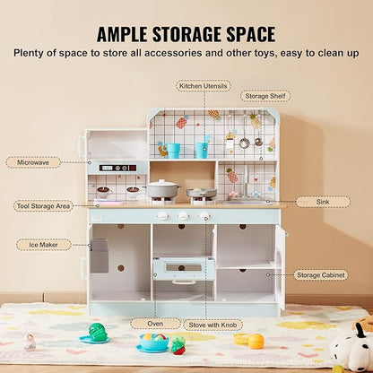 VEVOR Wooden Play Kitchen Toy, Play Kitchen for Kids with Lights and Sounds, Toddler Kitchen with Ice Maker, Oven, Sink, Microwaves, Fridge and Utensil and Fruit Accessory for Toddlers Ages 3-8, White
