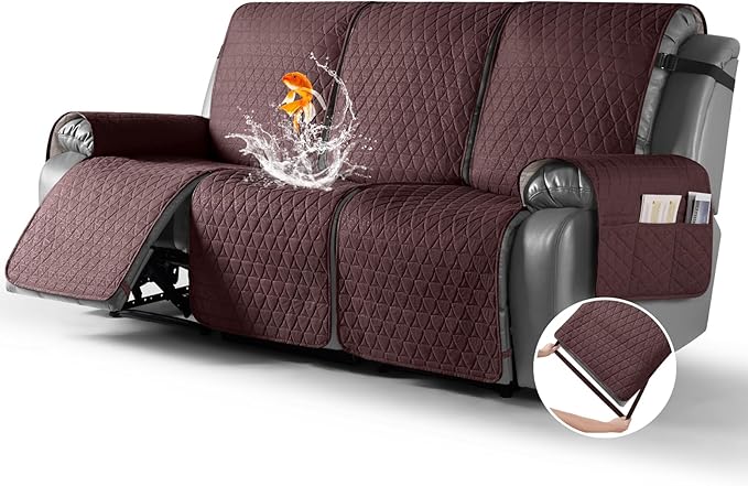 TAOCOCO 100% Waterproof Recliner Sofa Cover-Non Slip Split Couch Covers for Reclining Couches with Elastic Straps,Couch Covers for 3 Cushion Couch Sofa Pet Friendly(Coffee, 3 Seater)