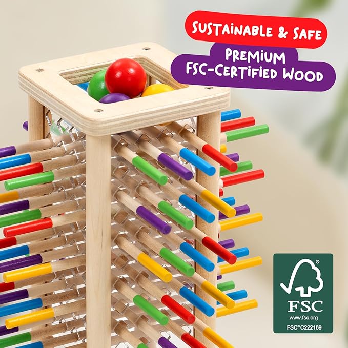 Nene Toys BALLFALL - Montessori Wooden Board Game for Kids Ages 3-9 – Educational Toy for Fine Motor Skills & Logical Thinking – Classic Family Tower Game with Colorful Sticks, Dice & Cards