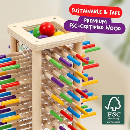 Nene Toys BALLFALL - Montessori Wooden Board Game for Kids Ages 3-9 – Educational Toy for Fine Motor Skills & Logical Thinking – Classic Family Tower Game with Colorful Sticks, Dice & Cards