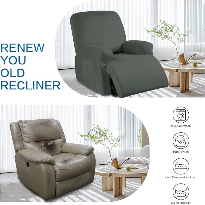 Soft Spandex Recliner Chair Covers, 4 Pieces Lazy Boy Recliner Cover for Recliner Chair, Stretch Cover for Recliner slipcovers Good Choice for All Seasons(XL,Grayish Green)