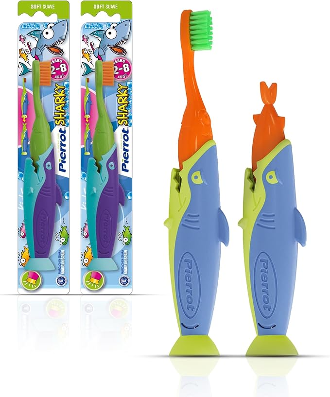 Pierrot Sharky Kids Toothbrush – Soft Bristles for Toddlers and Kids, Shark Handle with Suction Base and Cap, Easy-Grip Child-Friendly Toothbrush for Ages 2-8, Gentle Brushing, Pack of 2