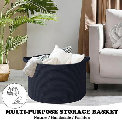 65L Large Blanket Basket,Cotton Rope Woven Storage Basket with Handles, Laundry Hamper for Toys, Clothes, Pillows & Towels, Perfect for Living Room, Nursery & Bedroom,Navy