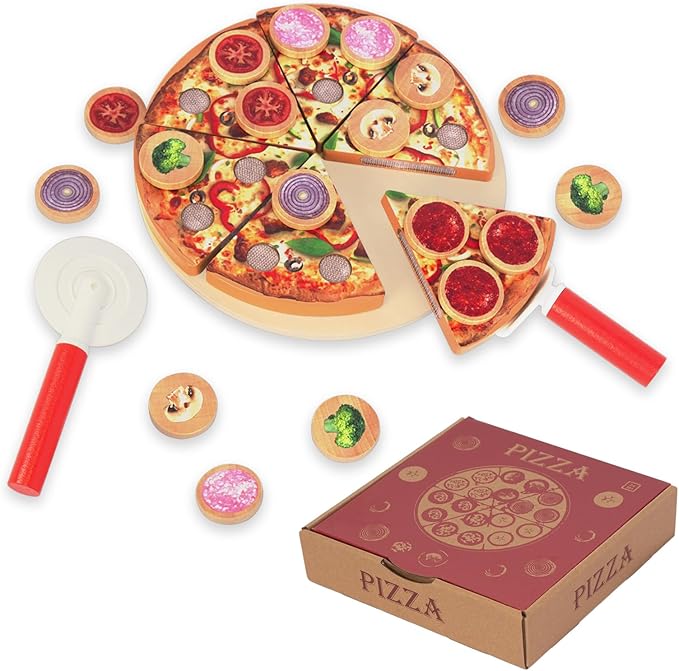 Cutting Play Food Toy for Kids Kitchen,Wooden Pizza Set Pretend Play Kitchen Accessories,Learning Toy Birthday Gifts for Boys Girls Toddlers (6 pcs Set)