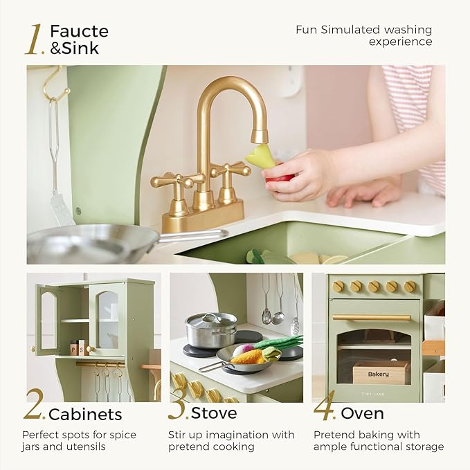 Tiny Land Play Kitchen for Kids, Wooden Play Kitchen with Toy Storage System, Toy Kitchen Set with Plenty of Play Features, Kids Play Kitchen Designed, Gift for Ages 3+ (Green)