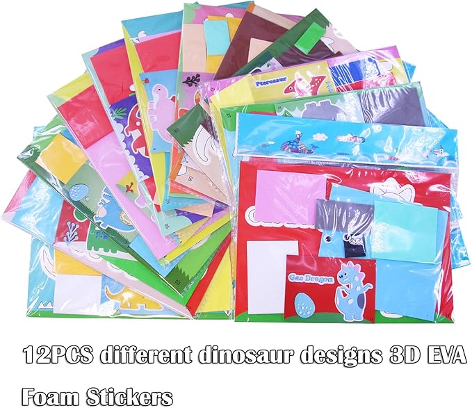 3D EVA Foam Stickers for Toddlers 12PCS Sticky Foam DIY Craft Preschool Art Class Drawing Sticker Puzzle Art Kit for Kids Boys Girls (Dinosaurs)
