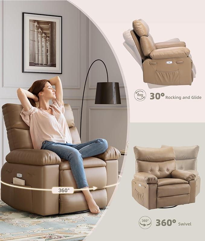 Electric Recliner Chair - 360° Rocker Swivel Recliner with Heat and Massage, PU Leather Large Power Recliner for Adults, Comfortable Lazy Chair with 1.5X Sponge Filling for Living Room, Tan