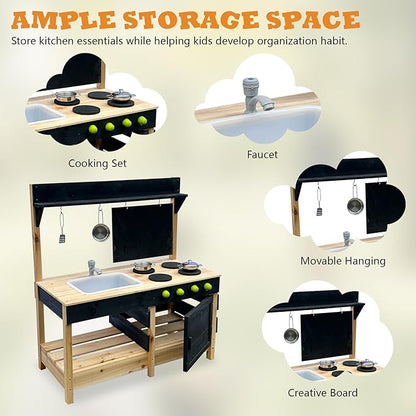 Mud Kitchen Playset for, Outdoor Wooden Toy Play Kitchen Set for Boys and Girls, Kitchen Accessories and Garden Sink with Faucet, Blackboard, Cookware Pot (Black)