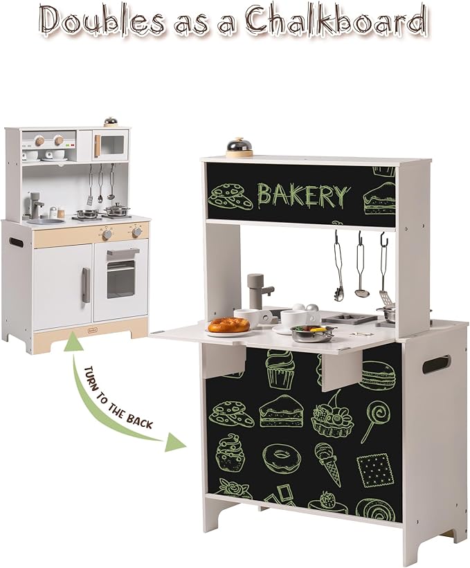 ROBUD Montessori Wooden Play Kitchen, Kids Kitchen Playset with Customisable Themes, Pretend Toddlers Kitchen Toy with DIY Creative Chalkboard, Gift for Ages 3 4 5 6 7 8