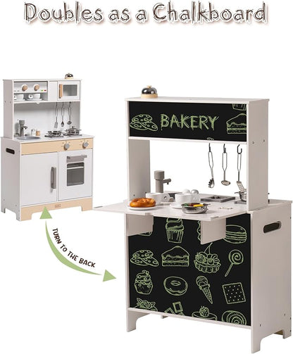 ROBUD Montessori Wooden Play Kitchen, Kids Kitchen Playset with Customisable Themes, Pretend Toddlers Kitchen Toy with DIY Creative Chalkboard, Gift for Ages 3 4 5 6 7 8